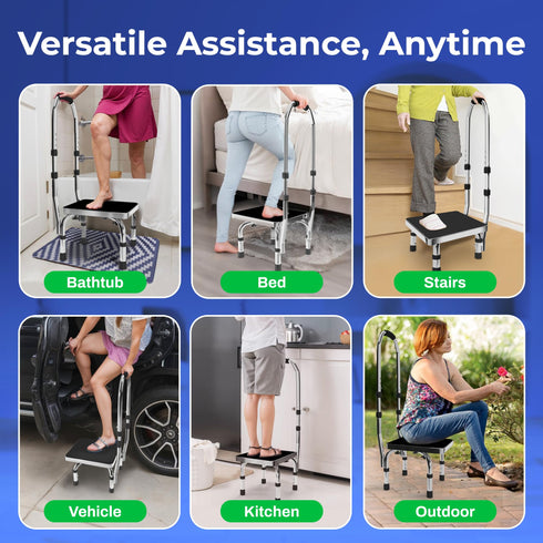 JJ CARE Step Stool with Handle (300 lbs. Capacity), Adjustable Step Stools for Adults with Handrail, Non-Slip Heavy Duty Step Stool for Elderly, Steel Frame Platform and Height Adjustable Step Stool