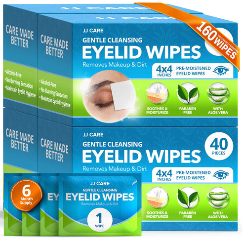 JJ CARE Eyelid Cleaning Wipes 160 PCs, Individually Wrapped Eye Lid Scrubbing Wipes, Moisturizing Eye Wipes for Irritated, Itchy, and Dry Eyes, Hypoallergenic Eye Scrub Cleaning Pads