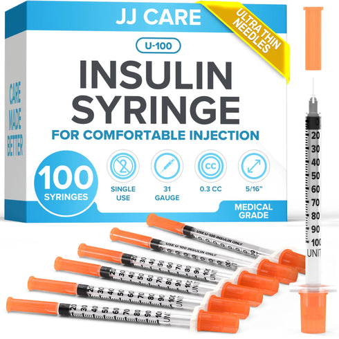 JJ CARE Disposable Syringes (Pack of 100) 0.3cc/ml – 31G 5/16", U-100, Sterile Insulin Syringe, Individually Wrapped Ultra Fine Single Use Diabetic Syringes