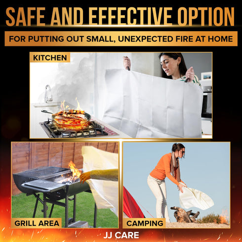 JJ CARE Fire Blanket - (Large) 4.9x4.9ft with Hooks & Gloves, Emergency Fire Blanket for Home & Kitchen, High Heat Resistant Fire Suppression Blankets for Home Safety, Kitchen, Camping