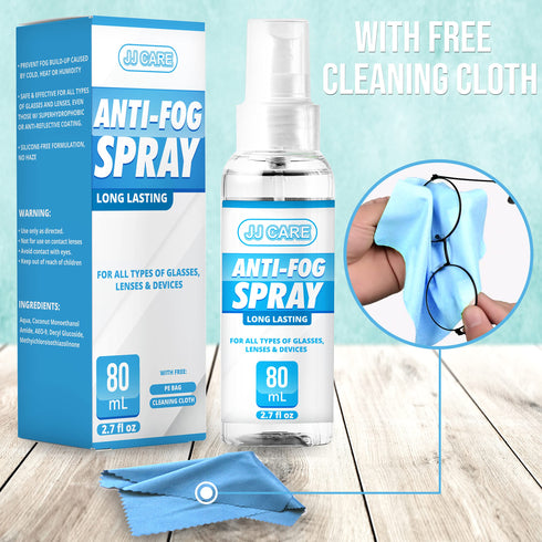 JJ CARE Anti Fog Spray for Glasses (2.7 Fl Oz) No Fog Glasses Spray with Free PE Bag & Cleaning Cloth, Up to 800 Sprays, Eyeglass Defogger Spray for Mask Wearers, Goggles, Helmets (Pack of 1)