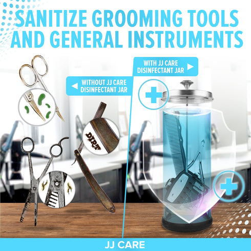 JJ CARE Disinfectant Jar (35oz) - Barber Jar Glass, Sanitizer Disinfectant Glass Jar, Barber Disinfectant Jar, Implement Disinfectant Container w/Stainless Steel Removable Strainer & Cap - Silver Lid