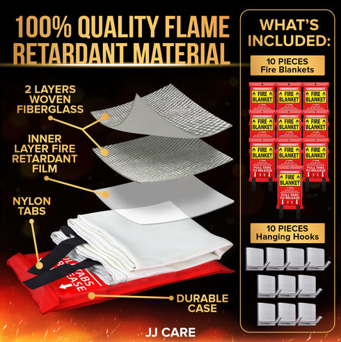 JJ CARE Fire Blanket - 10 Packs with Hooks - Emergency Fire Blanket for Home & Kitchen, High Heat Resistant Fire Suppression Blankets for Home Safety, Kitchen, and Camping