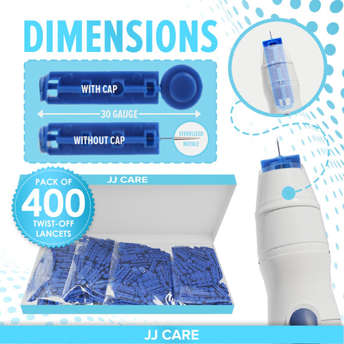 JJ CARE Twist Off Blood Lancets (Pack of 400), Sterile Lancets for Diabetes Testing, Lancets for Blood Testing, 30-gauge lancets for Lancing Device, Triple Beveled Tip Lancets