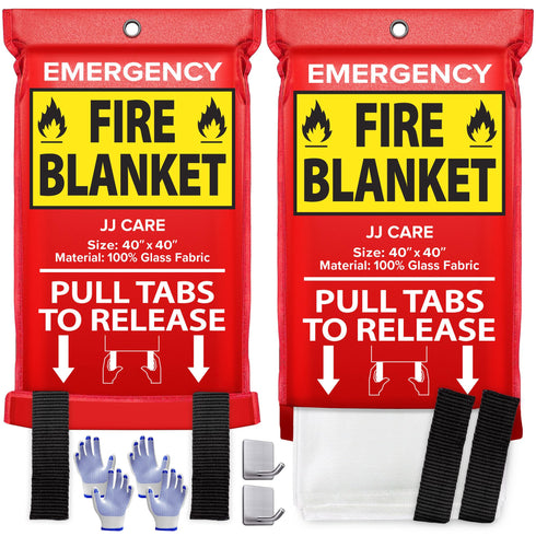 JJ CARE Fire Blanket - 2 Packs with Hooks and Gloves - Emergency Fire Blanket for Home & Kitchen, High Heat Resistant Fire Suppression Blankets for Home Safety, Kitchen, and Camping