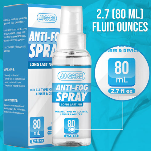 JJ CARE Anti Fog Spray for Glasses (2.7 Fl Oz) No Fog Glasses Spray with Free PE Bag & Cleaning Cloth, Up to 800 Sprays, Eyeglass Defogger Spray for Mask Wearers, Goggles, Helmets (Pack of 1)