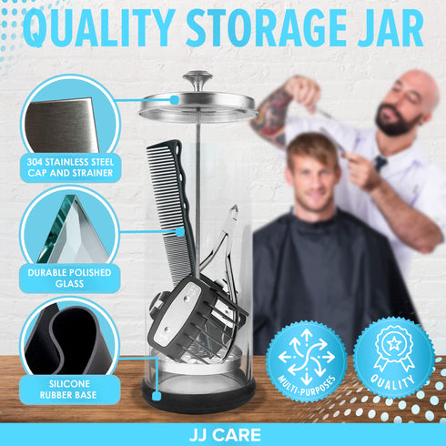 JJ CARE Disinfectant Jar (35oz) - Barber Jar Glass, Sanitizer Disinfectant Glass Jar, Barber Disinfectant Jar, Implement Disinfectant Container w/Stainless Steel Removable Strainer & Cap - Silver Lid