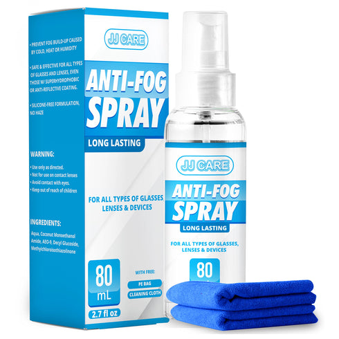 JJ CARE Anti Fog Spray for Glasses (2.7 Fl Oz) No Fog Glasses Spray with Free PE Bag & Cleaning Cloth, Up to 800 Sprays, Eyeglass Defogger Spray for Mask Wearers, Goggles, Helmets (Pack of 1)