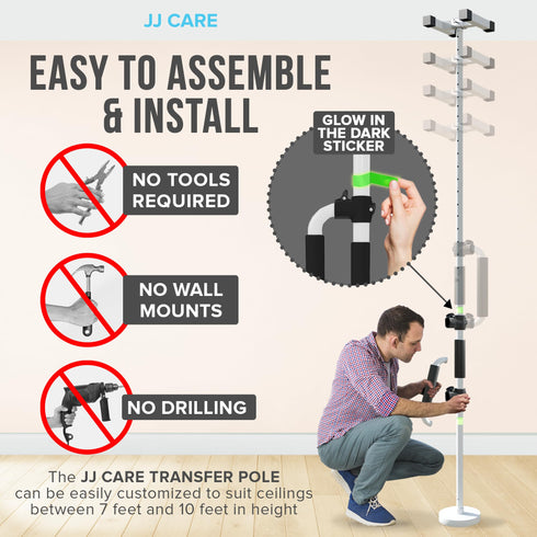JJ CARE Transfer Pole - Floor to Ceiling Grab Bar with Adjustable Handle Height, 7 to 10 ft Grab Bar Pole for Elderly, Stability Rail with 4 Reflective Stickers on Handle, Supports Up to 220 lbs