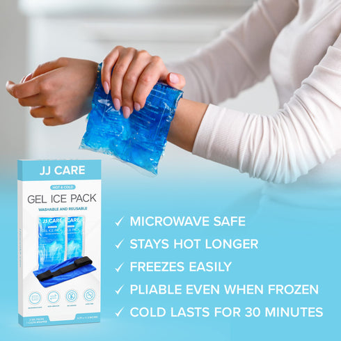 JJ CARE Gel Ice Packs Reusable - Pack of 2 Soft Ice Pack for Injuries with Wrap - Hot & Cold Pack Compress for Pain Relief, Rehabilitation, Flexible Therapy, for Knee, Back, Neck, Wrist, & Ankle