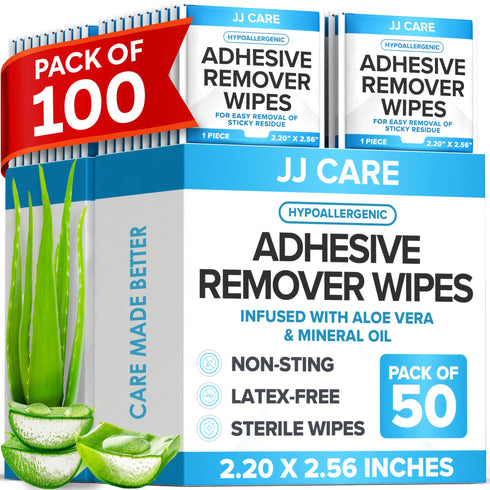 JJ Care Adhesive Remover Wipes (Pack of 100), Adhesive Remover for Skin, No Sting Medical Adhesive Remover, Ostomy Adhesive Remover
