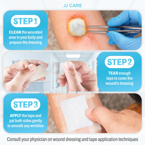 JJ CARE Transparent Medical Tape (Pack of 12), 1 x 10 yards Clear Surgical Tape for Wounds, No Residue Medical Tape, Clear First Aid Tape Roll and Easy-Tear Medical Tape for Wound Care