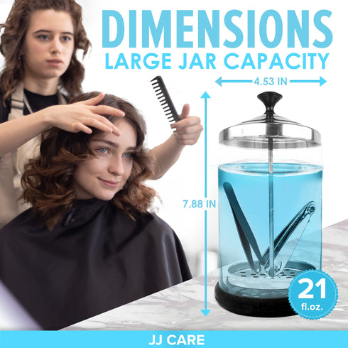 JJ CARE Disinfectant Jar (21 oz) - Barber Jar Glass, Sanitizer Disinfectant Glass Jar, Barber Disinfectant Jar, Implement Disinfectant Container w/Stainless Steel Removable Strainer & Cap - Black Lid