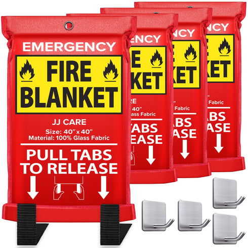 JJ CARE Fire Blanket - 4 Packs with Hooks - Emergency Fire Blanket for Home & Kitchen, High Heat Resistant Fire Suppression Blankets for Home Safety, Kitchen, and Camping