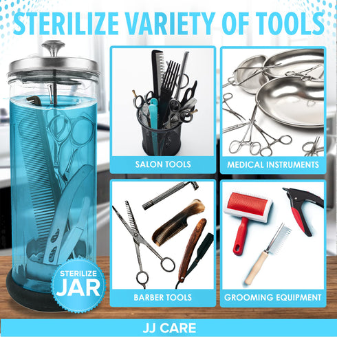 JJ CARE Disinfectant Jar (42oz) - Barber Jar Glass, Sanitizer Disinfectant Glass Jar, Barber Disinfectant Jar, Implement Disinfectant Container w/Stainless Steel Removable Strainer & Cap - Silver Lid