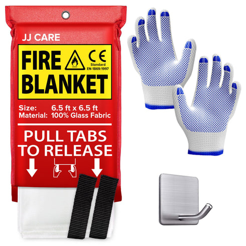 JJ CARE Fire Blanket - (X-Large) 6.5x6.5ft w/Hooks & Gloves, Emergency Fire Blanket for Home & Kitchen, High Heat Resistant Fire Suppression Blankets for Home Safety, Kitchen, Camping