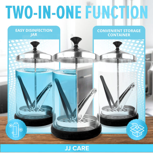 JJ CARE Disinfectant Jar (21 oz) - Barber Jar Glass, Sanitizer Disinfectant Glass Jar, Barber Disinfectant Jar, Implement Disinfectant Container w/Stainless Steel Removable Strainer & Cap - Black Lid
