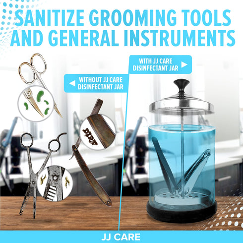 JJ CARE Disinfectant Jar (21 oz) - Barber Jar Glass, Sanitizer Disinfectant Glass Jar, Barber Disinfectant Jar, Implement Disinfectant Container w/Stainless Steel Removable Strainer & Cap - Black Lid