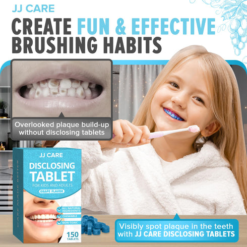 JJ Care Plaque Disclosing Tablets for Teeth - 150 Count Grape Flavored Disclosing Tablets for Kids and Adults, 5 Month Supply of Teeth Coloring, Individually Wrapped Plaque Tablets