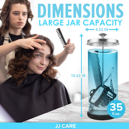 JJ CARE Disinfectant Jar (35oz) - Barber Jar Glass, Sanitizer Disinfectant Glass Jar, Barber Disinfectant Jar, Implement Disinfectant Container w/Stainless Steel Removable Strainer & Cap - Silver Lid