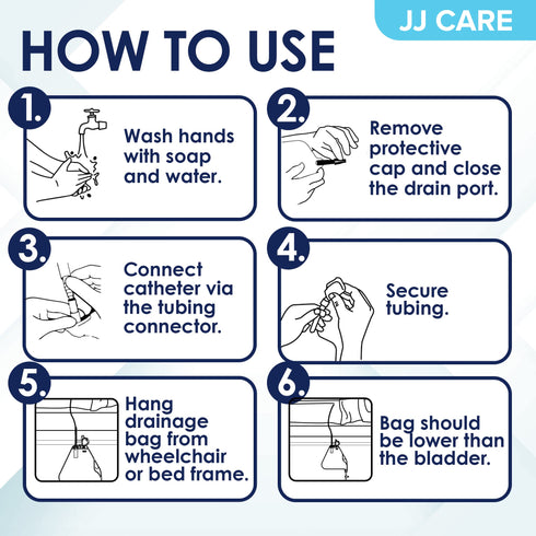 JJ CARE Catheter Bags - Pack of 6 Urinary Drainage Bag, 2000 ml Urine Bags with 42" Drainage Tube, Disposable Anti-Reflux Chamber, Leak Proof Vinyl Urine Bags with Double Hook Hanger for Men & Women