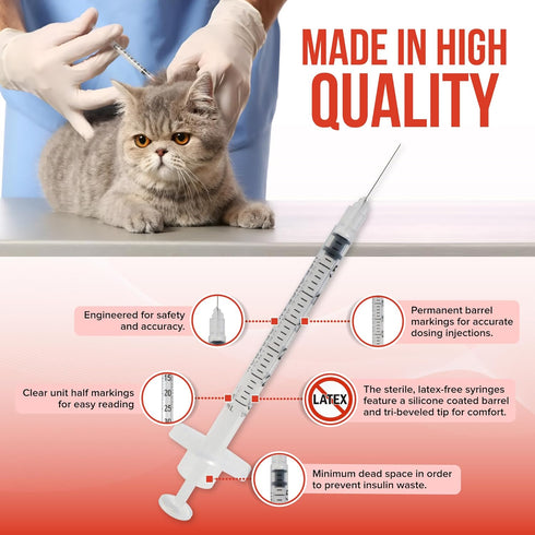 JJ CARE Insulin Syringe for Pets (Pack of 100) 31g 3/10cc 1/2”, U-100 Pet; Accurate Dosing Pet Syringes with Needle, Half Unit Markings Syringes for Cats and Dogs