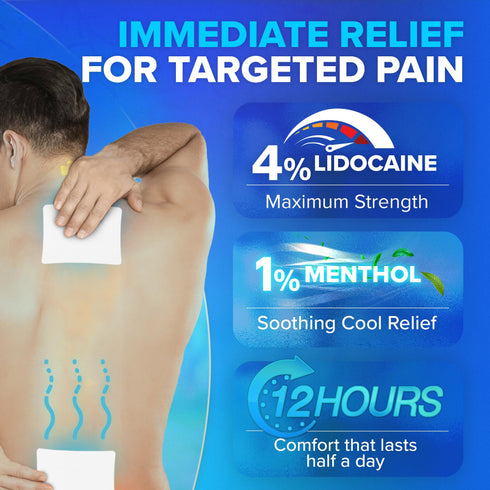 JJ CARE Lidocaine Patches (12 PCS), 4% Lidocaine Pain Patches Maximum Strength, 4” x 5.5” Pain Relief Patches for Fast Numbing of Aches, Pains, Neck, Shoulder, Muscle Soreness, Back Pain Patch