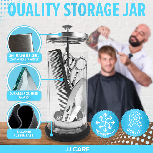 JJ CARE Disinfectant Jar (42oz) - Barber Jar Glass, Sanitizer Disinfectant Glass Jar, Barber Disinfectant Jar, Implement Disinfectant Container w/Stainless Steel Removable Strainer & Cap - Silver Lid