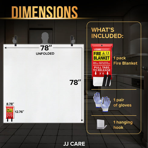 JJ CARE Fire Blanket - (X-Large) 6.5x6.5ft w/Hooks & Gloves, Emergency Fire Blanket for Home & Kitchen, High Heat Resistant Fire Suppression Blankets for Home Safety, Kitchen, Camping