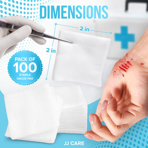 JJ CARE Sterile Gauze Pads 2" x 2" (Pack of 100), 12-Ply Cotton Gauze Pads, Individually-Wrapped Sterile Gauze Sponges, 100% Woven, Non-Stick Medical Gauze Pads for First Aid Kit & Wound Care