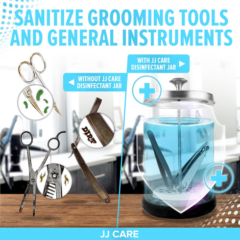 JJ CARE Disinfectant Jar (21oz) - Barber Jar Glass, Sanitizer Disinfectant Glass Jar, Barber Disinfectant Jar, Implement Disinfectant Container w/Stainless Steel Removable Strainer & Cap - Silver Lid