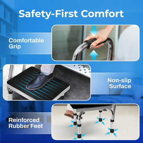 JJ CARE Step Stool with Handle (300 lbs. Capacity), Adjustable Step Stools for Adults with Handrail, Non-Slip Heavy Duty Step Stool for Elderly, Steel Frame Platform and Height Adjustable Step Stool