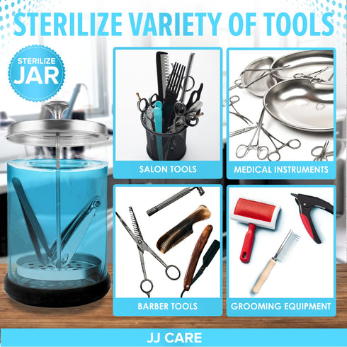 JJ CARE Disinfectant Jar (21oz) - Barber Jar Glass, Sanitizer Disinfectant Glass Jar, Barber Disinfectant Jar, Implement Disinfectant Container w/Stainless Steel Removable Strainer & Cap - Silver Lid