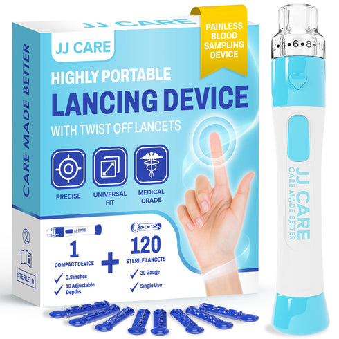 JJ CARE Lancing Device with 120 PCS Twist Off Lancets (30 gauge), 10 Adjustable Depth Settings, Lancing Device for Diabetes Testing with Push Button Ejector, Lancet Device for Blood Glucose Testing
