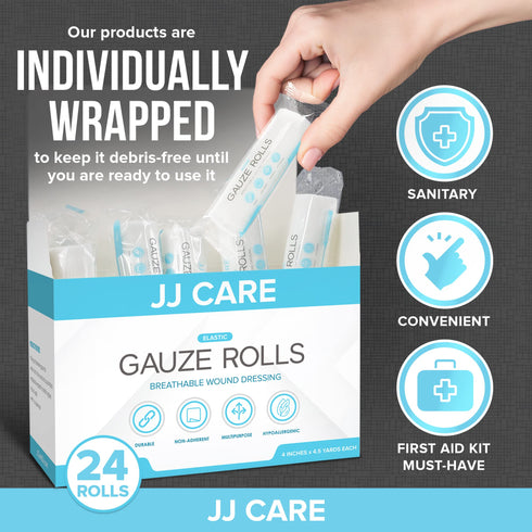 JJ CARE Gauze Rolls Pack of 24, Individually Wrapped Gauze Bandage Roll, with Bonus Medical Tape, 4 inches x 4.1 Yards Rolled Gauze, Latex Free & Stretchable Gauze Rolls