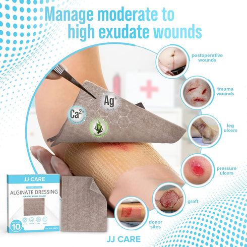 JJ CARE Silver Calcium Alginate Wound Dressing (Pack of 10) 4x5, Calcium Alginate Wound Dressing, Individually Packed Calcium Alginate, Highly Absorbent Silver Wound Dressing