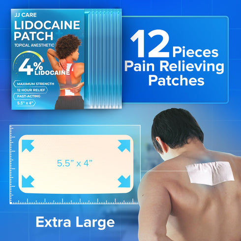 JJ CARE Lidocaine Patches (12 PCS), 4% Lidocaine Pain Patches Maximum Strength, 4” x 5.5” Pain Relief Patches for Fast Numbing of Aches, Pains, Neck, Shoulder, Muscle Soreness, Back Pain Patch
