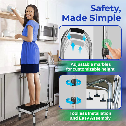 JJ CARE Step Stool with Handle (300 lbs. Capacity), Adjustable Step Stools for Adults with Handrail, Non-Slip Heavy Duty Step Stool for Elderly, Steel Frame Platform and Height Adjustable Step Stool