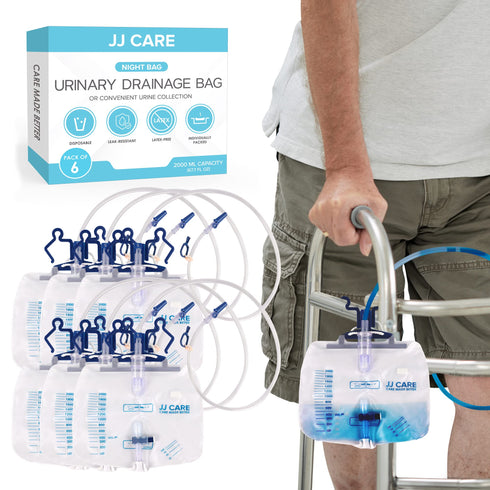 JJ CARE 2000 ml Urinary Drainage Bag w/ 48" Drainage Tube (Pack of 6), Disposable Anti-Reflux Chamber Urine Bags with Double Hook Hanger, Leak Resistant Vinyl Catheter Bags for Men and Women