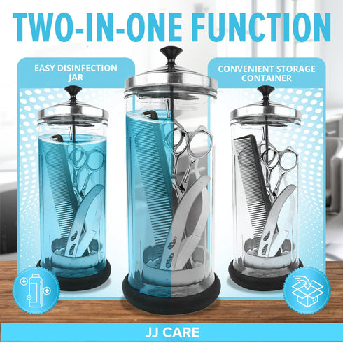 JJ CARE Disinfectant Jar (42 oz) - Barber Jar Glass, Sanitizer Disinfectant Glass Jar, Barber Disinfectant Jar, Implement Disinfectant Container w/Stainless Steel Removable Strainer & Cap - Black Lid