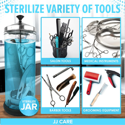 JJ CARE Disinfectant Jar (42 oz) - Barber Jar Glass, Sanitizer Disinfectant Glass Jar, Barber Disinfectant Jar, Implement Disinfectant Container w/Stainless Steel Removable Strainer & Cap - Black Lid