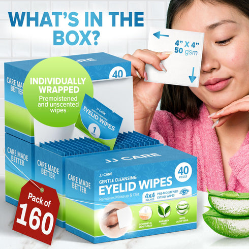 JJ CARE Eyelid Cleaning Wipes 160 PCs, Individually Wrapped Eye Lid Scrubbing Wipes, Moisturizing Eye Wipes for Irritated, Itchy, and Dry Eyes, Hypoallergenic Eye Scrub Cleaning Pads