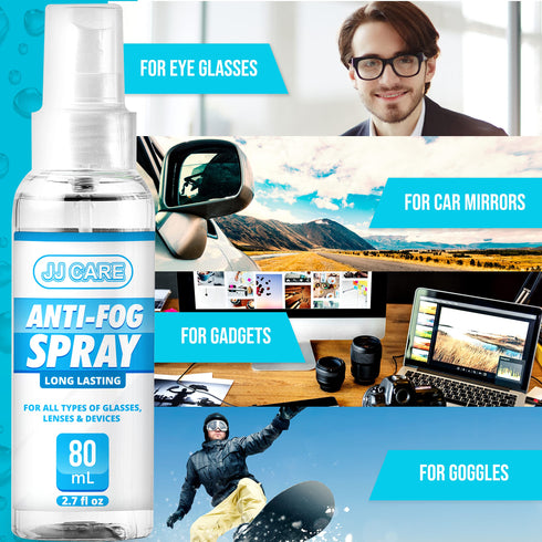JJ CARE Anti Fog Spray for Glasses (2.7 Fl Oz) No Fog Glasses Spray with Free PE Bag & Cleaning Cloth, Up to 800 Sprays, Eyeglass Defogger Spray for Mask Wearers, Goggles, Helmets (Pack of 1)
