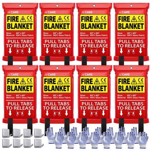 JJ CARE Fire Blanket - 8 Packs with Hooks and Gloves - Emergency Fire Blanket for Home & Kitchen, High Heat Resistant Fire Suppression Blankets for Home Safety, Kitchen, and Camping