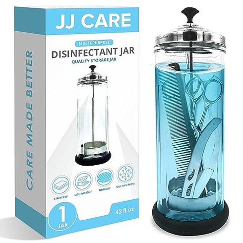 JJ CARE Disinfectant Jar (42 oz) - Barber Jar Glass, Sanitizer Disinfectant Glass Jar, Barber Disinfectant Jar, Implement Disinfectant Container w/Stainless Steel Removable Strainer & Cap - Black Lid