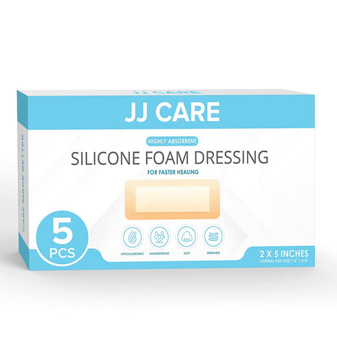Silicone Foam Dressing, 2x5 Silicone Bandages for Wounds, Absorbent Foam Dressing with Adhesive Border, Medical Bandage with Showerproof Adhesive