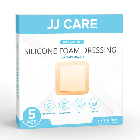 JJ CARE Silicone Foam Dressing 6x6 Inch - (Pack of 5, 10)
