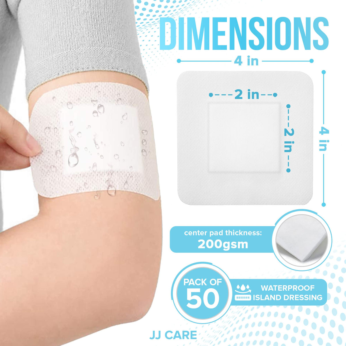JJ CARE [Pack of 50] Waterproof Adhesive Island Dressing 4” x 4”, Sterile  Wound Dressing, Breathable Bordered Gauze Pads, Individually Wrapped, Latex  
