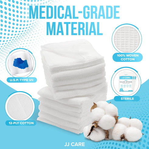JJ CARE Sterile Gauze Pads (Pack of 100), 12-Ply Cotton Gauze Pads, Individually-Wrapped Sterile Gauze Sponges, 100% Woven, Non-Stick Medical Gauze Pads for First Aid Kit & Wound Care