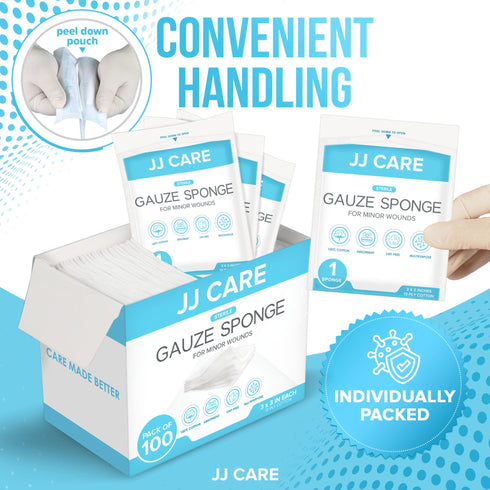 JJ CARE Sterile Gauze Pads (Pack of 100), 12-Ply Cotton Gauze Pads, Individually-Wrapped Sterile Gauze Sponges, 100% Woven, Non-Stick Medical Gauze Pads for First Aid Kit & Wound Care